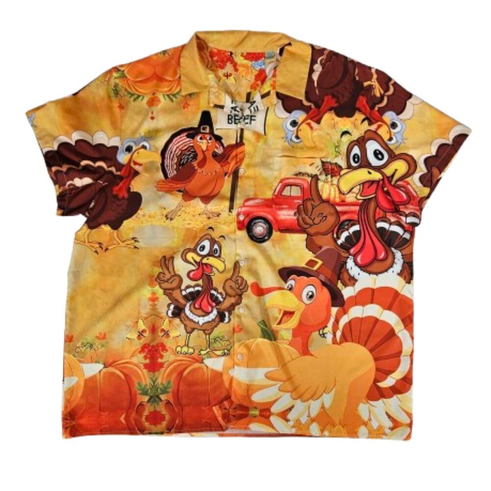Turkey Thanksgiving Colorful Button Short Sleeve Shirt Men's Size 4XL Funny